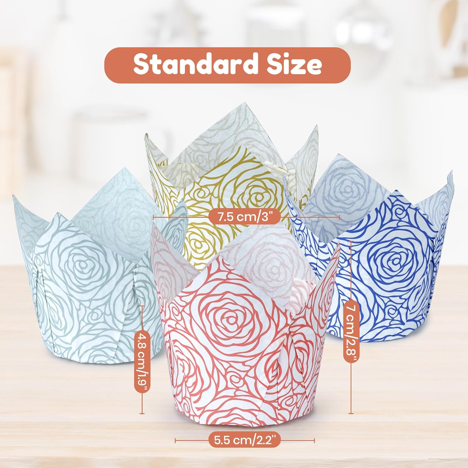 160pcs Tulip Paper Cupcake & Muffin Liners Oil Resistant - Standard Size 4 Colors Rose Pattern Baking Cups Cupcake Wrappers, Model BK010