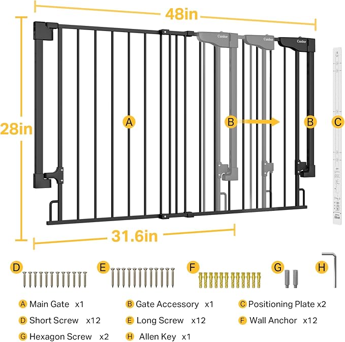 Cumbor 31.6-48" No Bottom Bar Baby Gate for Stairs, 2-in-1 Auto Close Dog Gate Indoor, Hardware Mounted Pet Gate for Doorways with Large Walk Thru Door, Child-Proof Safety Gate for Kids (Black)-PawvioPets