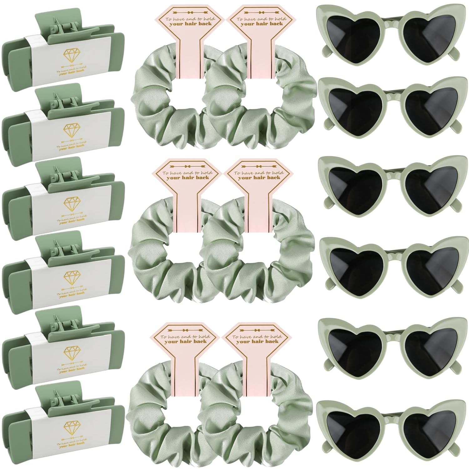Bridesmaid Scrunchies Proposal Gifts 4.1inch square Hair Claws Bachelorette Hair Clip heart sunglasses Girls gift for Wedding Party Favors (18pcs Sage Green)