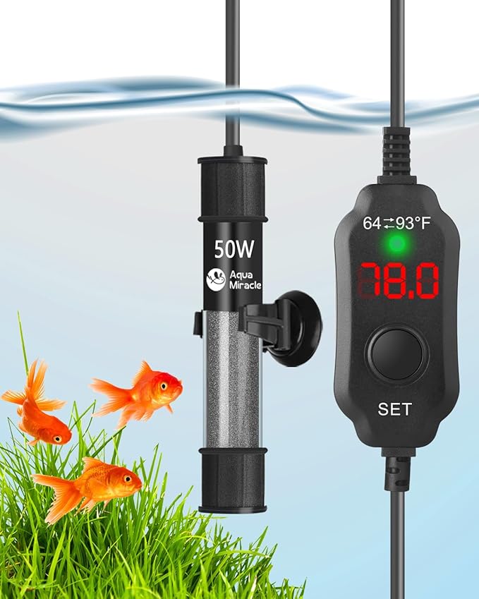 AquaMiracle Adjustable 50W Aquarium Heater Submersible Fish Tank Heater Super Short Aquarium Heater with LED Digital Display Thermostat, for Tanks 5-10 Gallons-PawvioPets