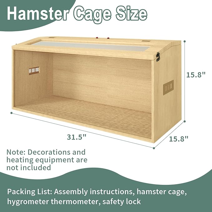 32" Hamster Habitat Enclosure, Top Opening Lockable Roof Door, Gerbil Dwarf Hamster Cage with Hygrometer, Chewproof Syrian Hamster Cage for Mice, Small Animal, (Wooden, 32" L x 16" W x 16" H)-PawvioPets