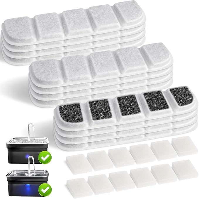 12 Pack Replacement Filter for SIBAYS & Kastty 355oz / 2.8Gal / 10.5L Large Dog Water Fountain, Coconut Shell Activated Carbon Pet Water Fountain Filters with 12 Pack Sponges-PawvioPets