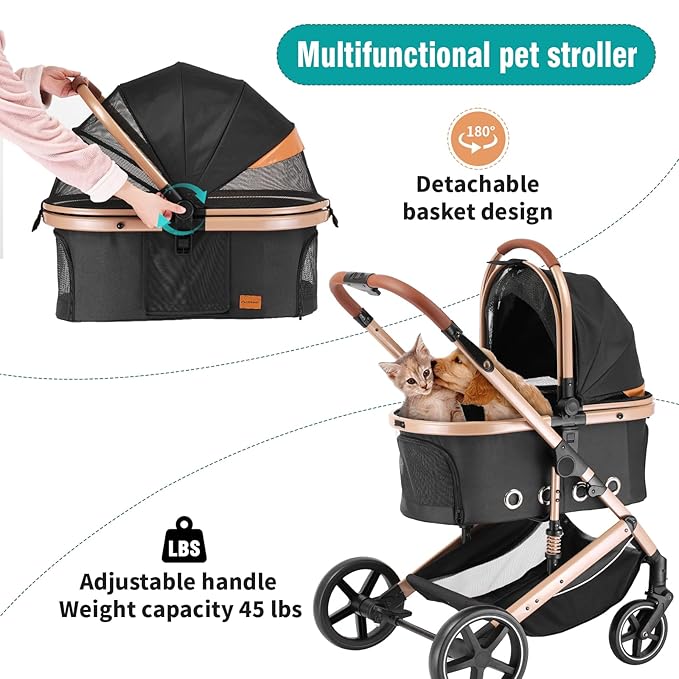EchoSmile 4 in 1 Pet Stroller, Folding Lightweight Cat & Dog Stroller with Detachable Carrier, NO-Zip 180° Reversible Canopy, All Terrain 4-Wheel,45 lbs Capacity for Small to Medium Dogs-PawvioPets
