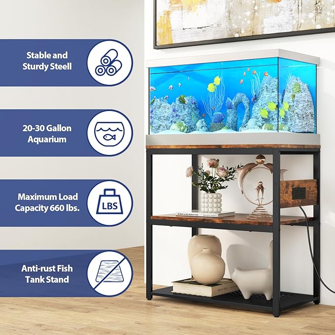 20-29 Gallon Fish Tank Stand With Power Outlets, 3-Tier Metal Aquarium Stands, Breeder Reptile Tank Stand with Shelf for Home Office, 660LBS Capacity, 29.5 x 15.8 x 30.1 inches, Brown-PawvioPets