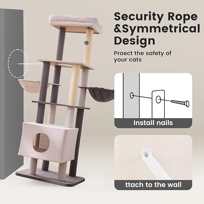 Gardner Pet 65in Heavy Duty Cat Tree Tower for Large Cats, Multi-Level Cat Furniture with Replaceable Sisal Scratching Post, Hammock | Extra-Large Platform & Condo Easy to Clean (Corduroy)-PawvioPets