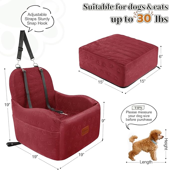 Dog Car Seat for Small/Medium Dogs,6in Elevated Cushion,Fits in Front/Back Seat,Fully Detachable and Washable,2 Storage Pockets,Easy to Install (Red, Medium)-PawvioPets