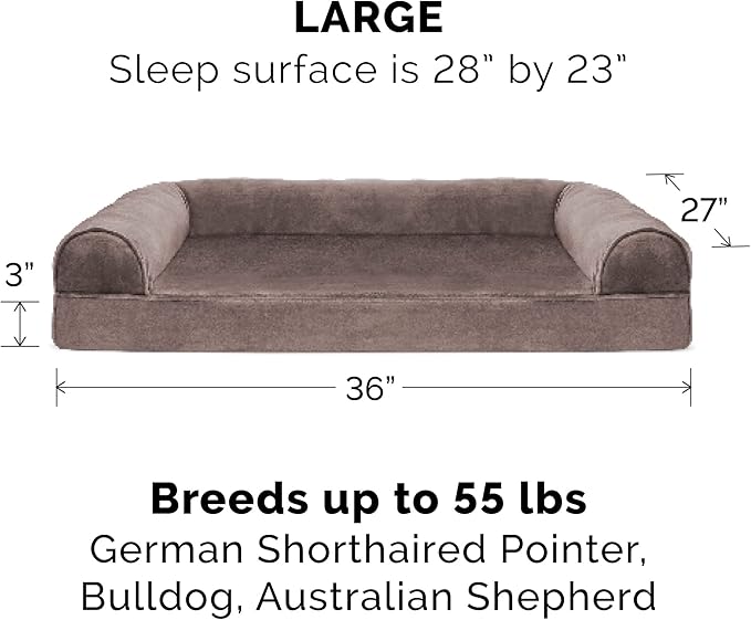 Furhaven Cooling Gel Dog Bed for Large/Medium Dogs w/ Removable Bolsters & Washable Cover, For Dogs Up to 55 lbs - Faux Fur & Velvet Sofa - Driftwood Brown, Large-PawvioPets