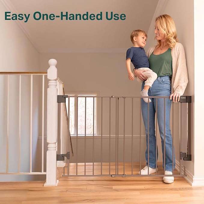 Cumbor 29.2-43" No Bottom Bar Baby Gate for Stairs, 2-in-1 Hardware Mounted Dog Gate Indoor, Pet Gate for Doorways with Large Walk Thru Door, Child-Proof Safety Gate for Top & Bottom of Stairs (Brown)-PawvioPets