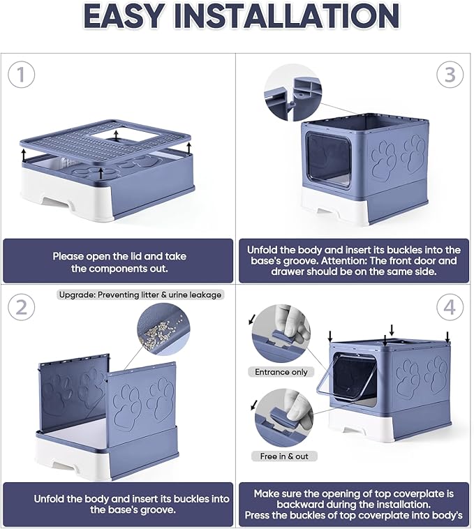 Cat Litter Box with X-Large Litter Mat and Scoop, Large Foldable Litter Box with Lid, Enclosed Kitty Box,Front Top Entry Exit, Odor Control Easy to Clean (Upgrade Midnight)-PawvioPets