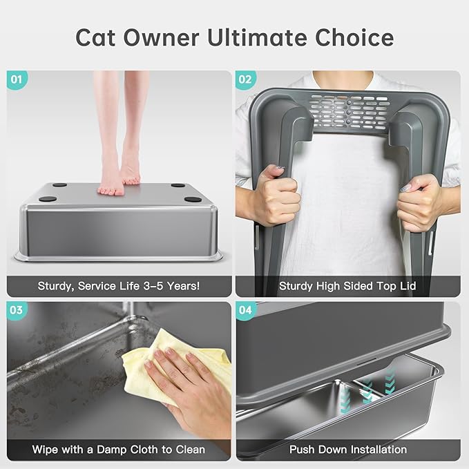 Enclosed Stainless Steel Cat Litter Box with Lid, XL Extra Large Litter Box for Big Cats, Metal Litter Pan High Sided, Never Absorbs Odors, Anti-Urine Leakage, Easy Cleaning, Include Scoop-PawvioPets
