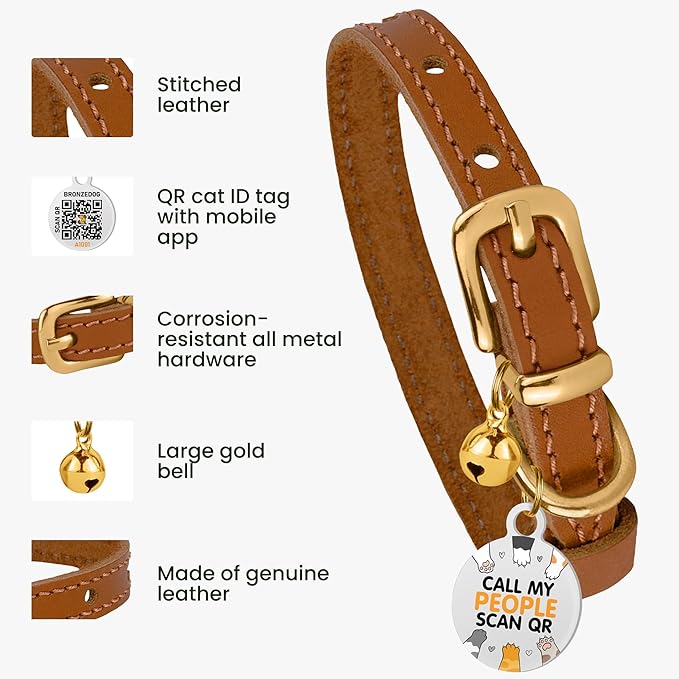 BRONZEDOG Leather Cat Collar with Removable Bells Non Breakaway Kitten QR Tag for Girl Boy (7" - 9" for Cats, Light Brown & Gold)-PawvioPets
