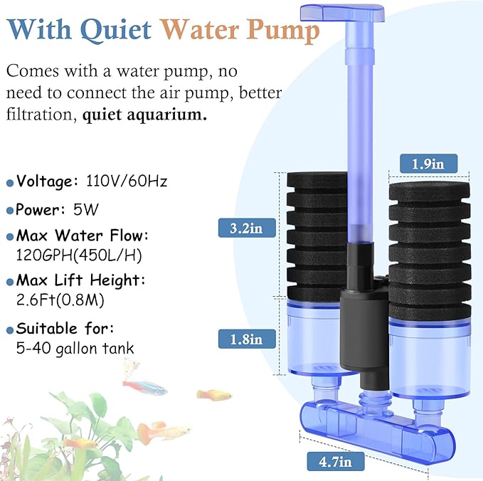 FEDOUR Aquarium Sponge Filter with Water Pump, Quiet Electric Biochemical Filter, with 4pcs Filter Sponge and Ceramic Balls, for up to 40Gallon Fish Tank, Turtle Tank, Shrimp Tank-PawvioPets