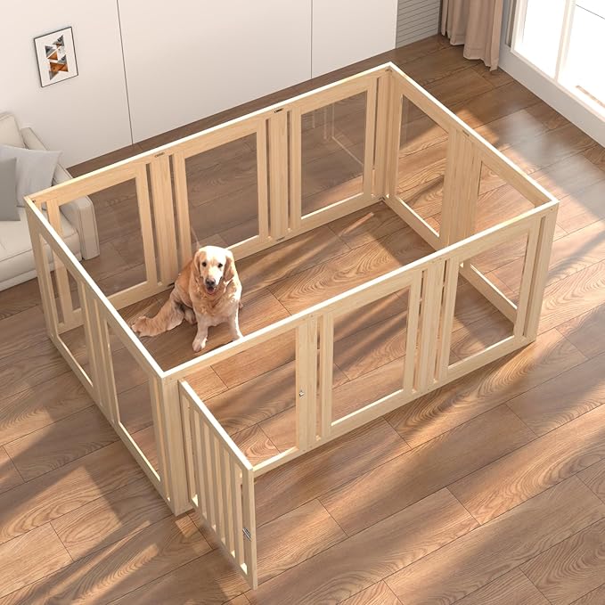 10 Panels Dog Playpen with Door, 23.6" H Pet Playpen Indoor, Clear Acrylic Puppy Playpens, Wooden Puppy Fence with Gate, Transparent Dog Pens, Pet Pen Indoor for Dogs, Cats, Rabbit (Wood)-PawvioPets