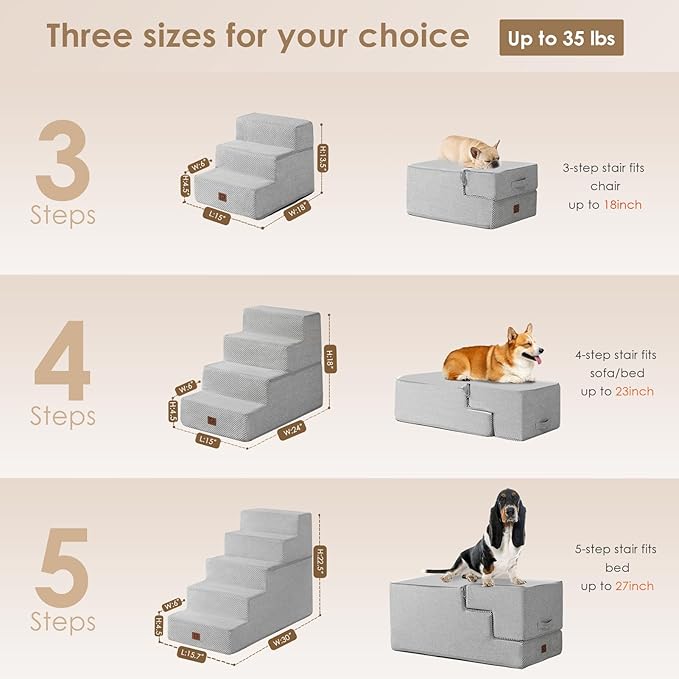 EHEYCIGA Dog Stairs for Bed 18" H, 4-Step Dog Steps for High Bed, Pet Steps for Small Dogs and Cats, Non-Slip Balanced Pet Ramp Indoor, Light Grey-PawvioPets