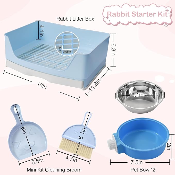 25 Pcs Large Rabbit Starter Kit, Bunny Litter Box with Drawer Animal Grooming Kit Stacking Cups Bowl Blankets Mat with Cleaning Set for Adult Guinea Pig, Ferret, Hamster, Bunnies Accessories (Blue)-PawvioPets