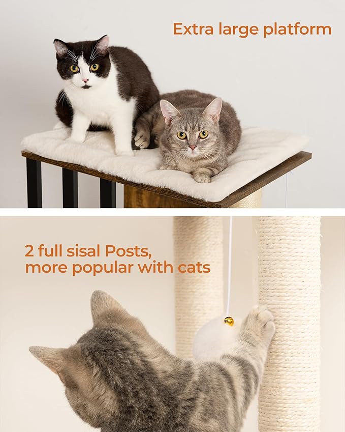 FourFurPets 35.4in 3-Tier Modern Cat Tree Tower Condo, Cat Scratch Posts for Indoor Cats, Big Plate, Two Full Sisal Scratching Posts, Rustic Brown-PawvioPets