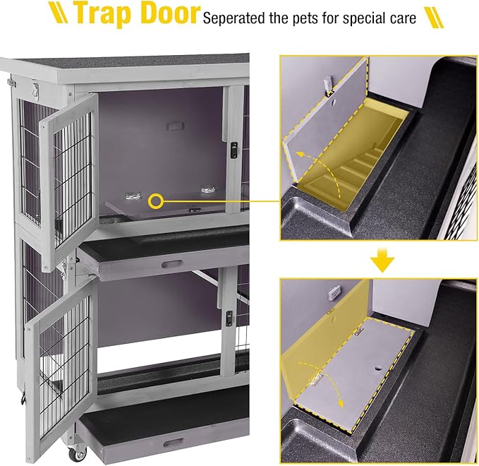 Aivituvin Rabbit Hutch Indoor, Folding Bunny Cage with Two Story, Rabbit Cage with Wheels, Anti Slip Ramp-PawvioPets