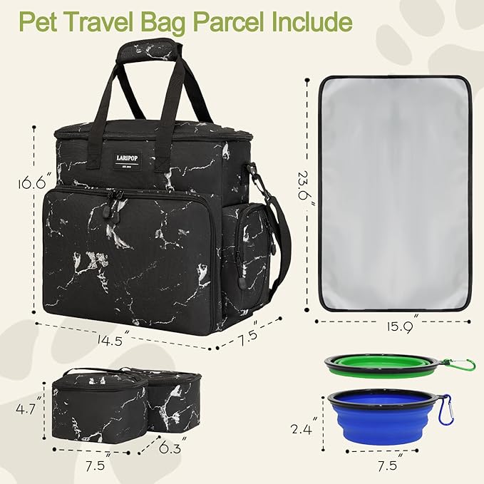 Dog Travel Bag,Weekend Pet Travel bag Set for Dog and Cat,Airline Approved Tote Multi-Function Dog Bags for Traveling,Include 2 Collapsible Bowls,2 Food Storage Containers,1 Feeding Mat,Marble-PawvioPets