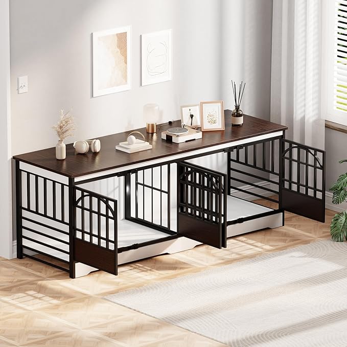 COZPAW 86 Inch Double Dog Crate Furniture for 2 Large Dogs, Decorative Dog Kennel Indoor TV Stand, Heavy Duty Wooden Dog Cage for Large Medium Dogs Sized Dog Pet House with Divider (White)-PawvioPets