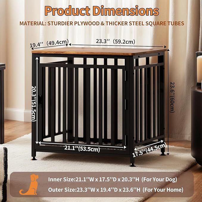 Dog Crate Furniture for Small Dogs, Dog Kennel Indoor, Anti-Chew Anti-Escape with Bed Crate Pad End Side Table Wooden Dog Crate,Steel-Tube Dog Cage, Rustic Brown-PawvioPets