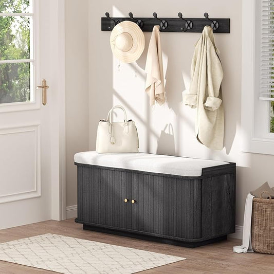 Dark Grey 39.4" W 2-Tier Shoe Bench with Storage | Entryway Bench with Padded Cushion, Sliding Doors & 5 Hooks-PawvioPets
