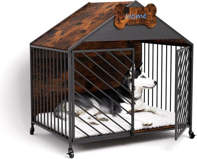 Furniture-Style Dog Crate with Gable Roof Design, Double Locking Doors Indoor Kennel for Small & Medium Dogs, Chew-Proof Escape-Proof Dog Cage, Rustic Brown-PawvioPets