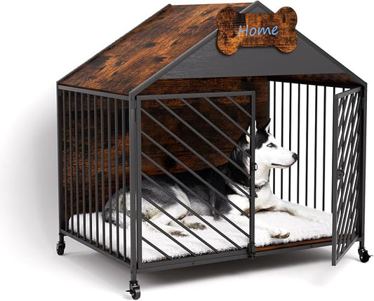 Furniture-Style Dog Crate with Gable Roof Design, Double Locking Doors Indoor Kennel for Small & Medium Dogs, Chew-Proof Escape-Proof Dog Cage, Rustic Brown-PawvioPets