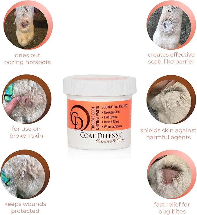 COAT DEFENSE Trouble Spot Drying Paste - Made in USA - 5 Oz Dog & Cat Skin Care, Itchy Skin & Allergies, Alleviates Hot Spots for Dogs & Cats, Insect Bites Relief & Dog Wound Care-PawvioPets