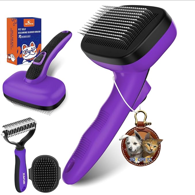 Dog Brush Kit - Self-Cleaning Slicker Brush with Bath Brush & Undercoat Rake | Deshedding Tools for Large - Small Dogs & Cats, Professional 3-in-1 Pet Grooming Set for Heavy Shedding, Purple-PawvioPets