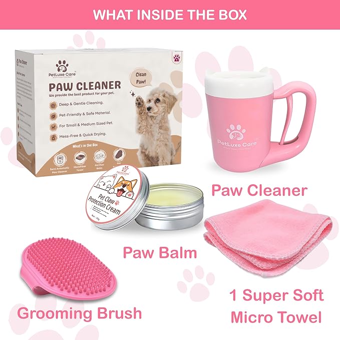 Dog Paw Cleaner for Small & Medium Dogs – Portable Paw Washer Cup with Soft Silicone Brush, Towel & Moisturizing Balm – Gently Cleans Muddy Paws After Walks (Pink, Small)-PawvioPets