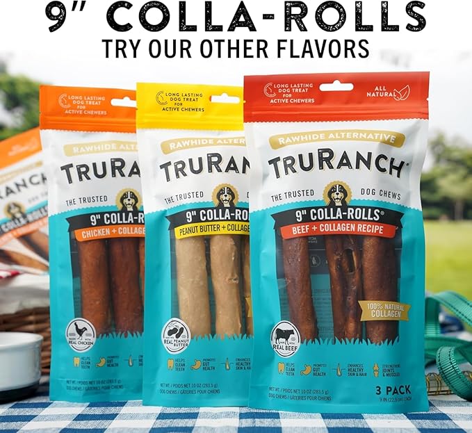 Collagen Rolls - 9" Collagen Rolls for Dogs - Long Lasting Healthy Joint Support - Rawhide Alternative - Skin & Coat Health - Made with Real Peanut Butter, Value Pack, 3 Bags, 9 Count-PawvioPets
