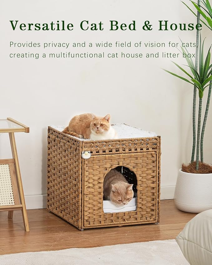 Cat Beds for Indoor Cats Extra Large Double Cat Cave Pet Cube, Handwoven Rattan Cat Houses with Double-Sided Soft Cushions, 18.5 x 20.5 x 19.1 Inches Foldable Hideaway in Living Room Natural-PawvioPets