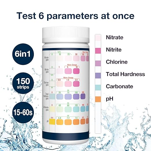 6 in 1 Aquarium Test Strips, 150 Strips Aquarium Water Test Kit for Fish Tanks & Ponds, Accurate Test Monitoring, Nitrate, Nitrite, Chlorine, Carbonate, Hardness, pH-PawvioPets