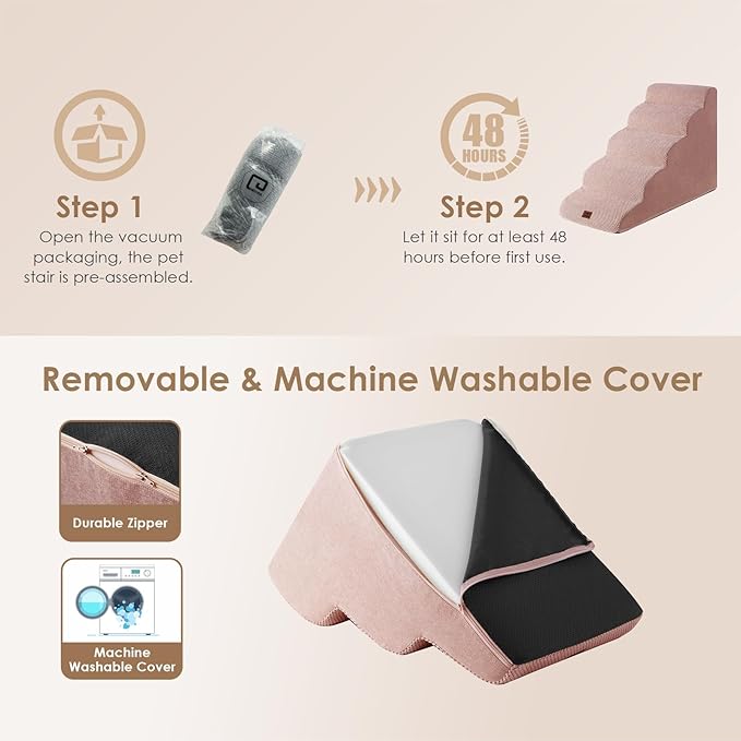 EHEYCIGA Curved Dog Stairs Ramp for High Beds 22.6" H, 5-Step Dog Steps for Small Dogs and Cats, Pet Stairs for High Bed Climbing, Non-Slip Balanced Pet Step Indoor, Dusty Pink-PawvioPets