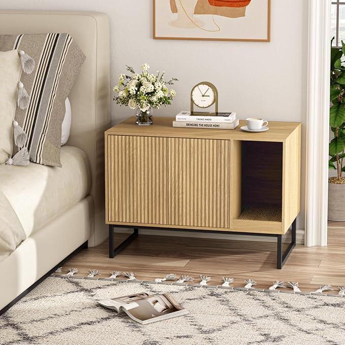 Cat Litter Box Enclosure, Fluted Hidden Litter Box Furniture with Scratch Pad and Metal Legs, Modern Enclosed Cat Cabinet, 31.5 x 17.7 x 21.7 Inches Indoor Pet House for Living Room, Washroom, Natural-PawvioPets