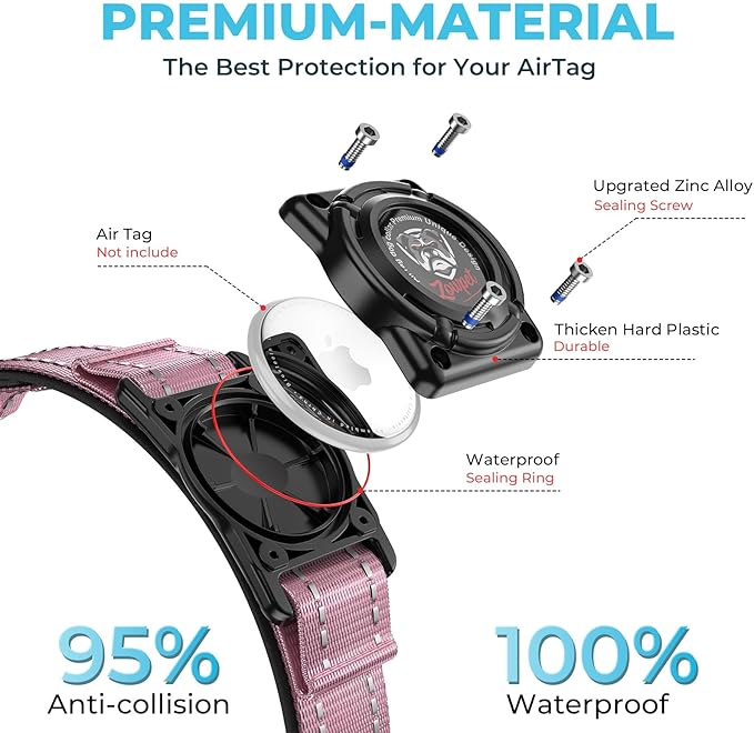 2025 Upgrade Airtag Dog Collar, Reflective Dog Collar with Airtag Holder, IP68 Waterproof| Metal Buckle| Ultra-Durable| Comfortable Padded, GPS Dog Collars for Medium Large Dogs (Pink,L)-PawvioPets