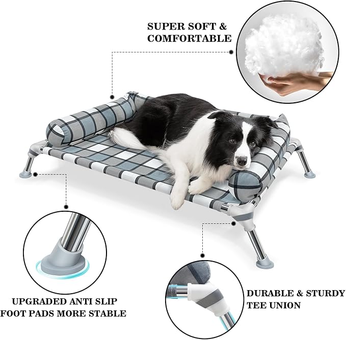 Elevated Raised Dog Bed Cot - Cooling Raised Dog Beds with Bolster Portable Washable Pet Cot Bed with Metal Frame Dogs Hammock Bed for Indoor & Outdoor-PawvioPets
