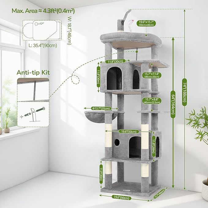Globlazer Large Cat Tree Tower, Tall Cat Tree Condos for Indoor Cats Large Adult Cat Climbing Tower with 2 Spacious Caves, Oversized Top Perch, Big Hanging Basket, Cat Teaser Wand, F74B, Light Grey-PawvioPets