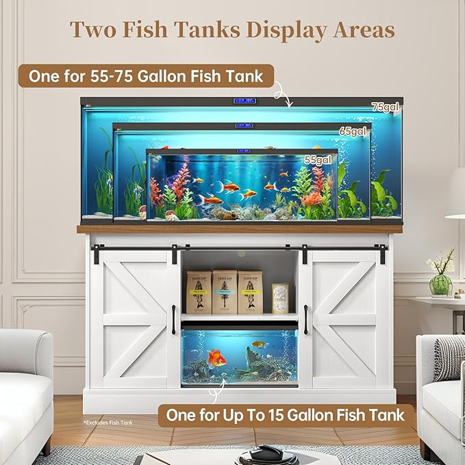 55-75 Gallon Fish Tank Stand with Sliding Barn Doors & Power Outlet, Heavy Duty Aquarium Stand with Cabinet Storage for Fish Tank, Turtle Tank, Reptile Terrarium, 1000LBS Capacity, White-PawvioPets