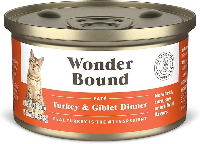 Amazon Brand - Wonder Bound Canned Wet Cat Food (Turkey & Giblet Dinner Paté), No Artificial Flavors, Adult Recipe, 3 Ounce (Pack of 24)-PawvioPets