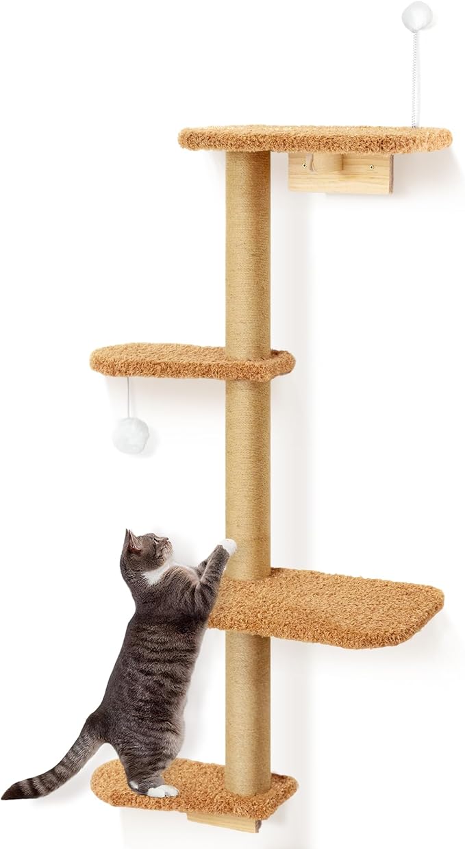 Brown Wall Mounted Cat Wall Climber & Tree for Kittens, 4 Platform Cat Shelves with Brown Plush Cushions, Floating Furniture for Climbing, Lounging, Scratching – 49” Tall-PawvioPets