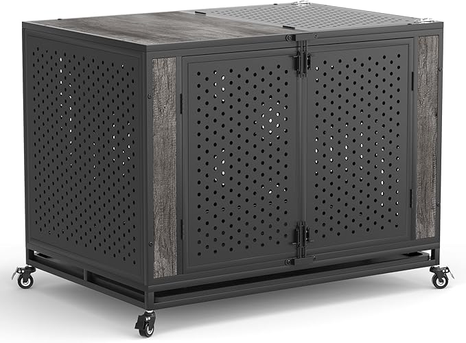 42" Heavy Duty Dog Crate Furniture for Medium and Large Dogs, Enclosed Design with 0.5 inch Holes, Indestructible Metal Kennel for High Anxiety Dogs, Chew Proof Indoor Pet House Cage, Gray-PawvioPets