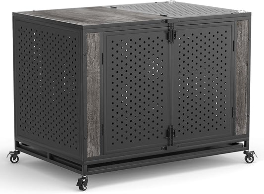 42" Heavy Duty Dog Crate Furniture for Medium and Large Dogs, Enclosed Design with 0.5 inch Holes, Indestructible Metal Kennel for High Anxiety Dogs, Chew Proof Indoor Pet House Cage, Gray-PawvioPets
