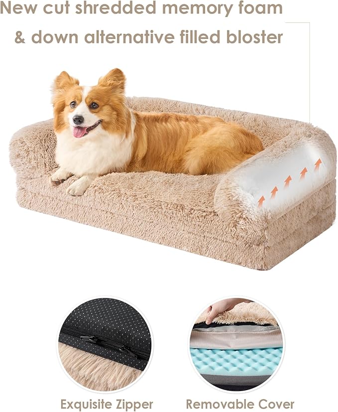 EHEYCIGA Foldable XXL Dog Bed, Faux Fur Fluffy Pet Couch Bed for Extra Large Dogs, Orthopedic Calming Memory Foam Big Pet Bed, Washable Soft Pet Sofa Bed with Non-Slip Bottom, Camel, 54"x38"x7.5"-PawvioPets