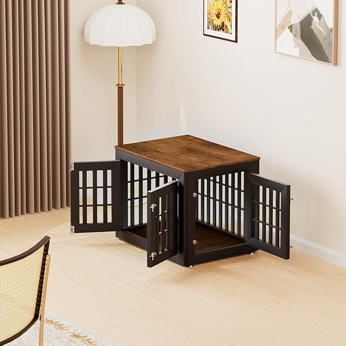 32" Heavy Duty Dog Crate Furniture for Small,Medium and Large Dogs,Rustic Wooden Dog Cage Kennel Indoor Furniture with Waterproof Top,Decorative Pet House Side End Table (Black & Wood)-PawvioPets