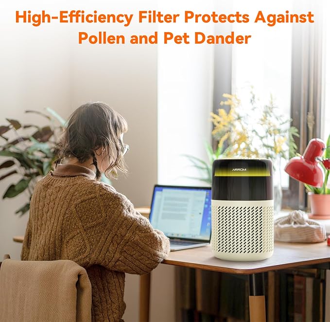 AIRROMI Air Purifier for Bedroom Home,HEPA Filter,Covers Upto 549 Ft²,Quiet 360°intake Air Cleaner with Fragrance ponge for Better Sleep,Night Light,Filters Smoke,Pet Dander,Allergies,Dust,A2005Yellow-PawvioPets