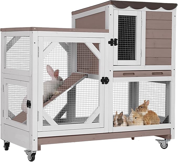Aivituvin Rabbit Cage Indoor Outdoor Bunny Hutch on Wheels, 2 Story Wood Guinea Pig Cages with 2 Deeper Pull Out Trays-PawvioPets