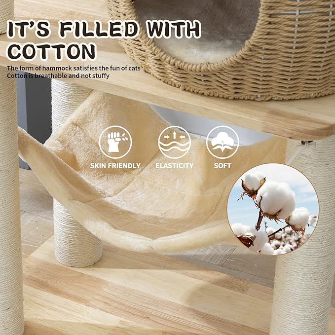 59" Big Modern Cat Tree Tower, Cat Tower Sisal-Covered Scratching Posts for Indoor Cats, Oak Wood Cat Tree for Large Cats, Multi-Level Cat Condo with Space Capsule Nest, Cat Furniture Activity Centre-PawvioPets