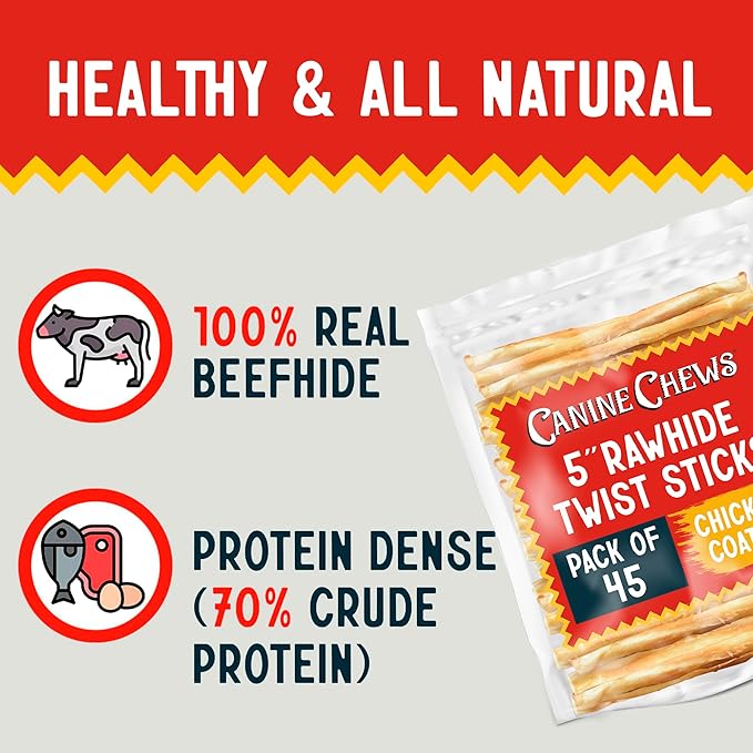 Canine Chews 5" Chicken Coated Sticks - Pack of 45 USA-Sourced Rawhide Dog Treats - Protein-Dense Wrapped Chews With 100% Real Chicken Coating-PawvioPets