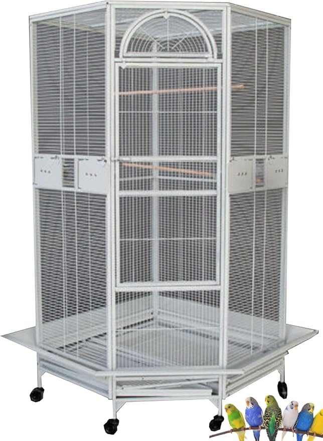 64" Extra Large Corner Bird Flight Breeding Wrought Iron Rolling Parrot Cage Side Solid Metal Plate Feed Doors Pull Out Removable Grate and Tray with Around Metal Seed Guard-PawvioPets